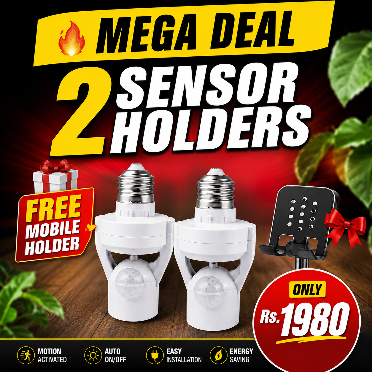 2x Motion Sensor Bulb Holders + FREE Mobile Holder